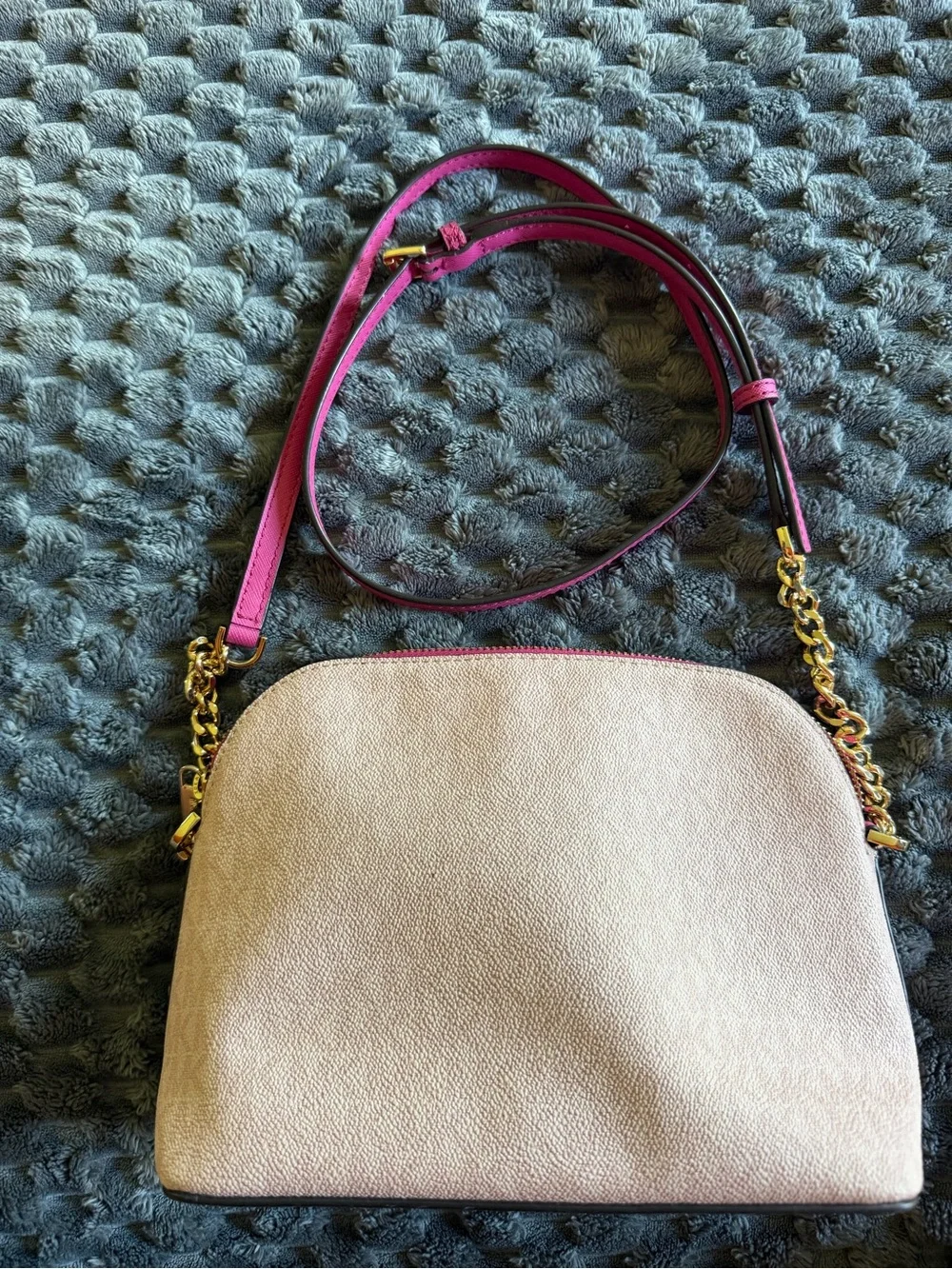 Michael Kors Cream Crossbody Bag with Pink Strap and Gold Hardware
